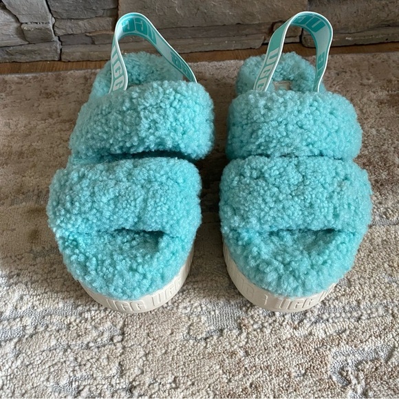 UGG Oh Fluffita Tide Pool Blue Flatform Platform Sandals Slingback: 6 - Picture 2 of 10